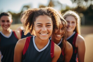 Wall Mural - Portrait of a young and diverse group of female soccer players having practice on a soccer field