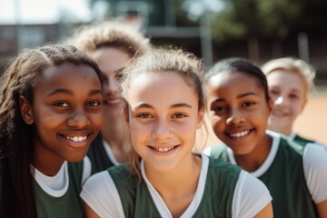 Wall Mural - Portrait of a young and diverse group of female soccer players having practice on a soccer field