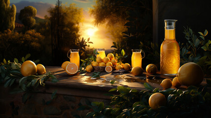 Wall Mural - Freshly squeezed orange juice and sweet Sicilian oranges