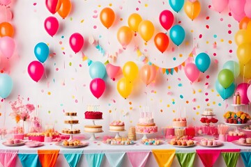 Birthday balloons and happy birthday cake with colorful candles