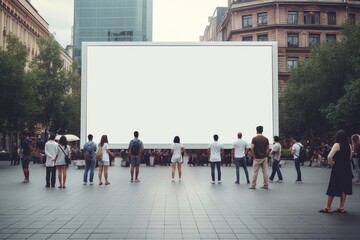 people on the street look at big Blank mockup billboard on urban city area