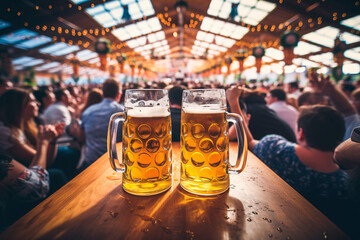 Two glasses of beer on a wooden table, large crowd at Oktoberfest