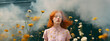 © ADDICTIVE STOCK - Generative AI illustration of redhead woman standing against blurred background among colorful smoke and flowers and looking away