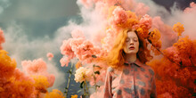 Generative AI Illustration Of Redhead Woman In Dress Standing With Closed Eyes Against Blurred Background Among Colorful Smoke And Flowers