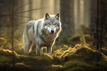 Generative AI Illustration Of Concentrated White Wild Wolf With Looking At Camera Amidst Green Leaves Lush Forest In Blurred Background