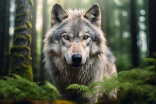 Generative AI Illustration Of Concentrated White Wild Wolf With Looking At Camera Amidst Green Leaves Lush Forest