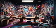 Room Flooded With Colorful Paper Sticky Notes And Office Supplies