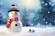 Little Snowman Dressed And Decorated Standing In The Snow With A Beautiful Winter Background And Space For Text Or Inscriptions.generative Ai
