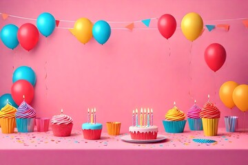 Birthday balloons and happy birthday cake with colorful candles