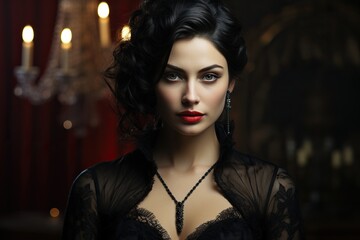 Portrait of vampire queen with dark makeup and red lips, beautiful woman