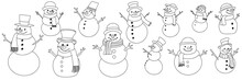 Set Of Hand Dranw Snowmen Isolated On White Background. Big Collection Of Outline Snowman. Vector Illustration.