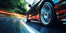 Close-up Of Wheel Of Fast Sports Car On Sunny Highway: High-performance Auto In Motion Blur