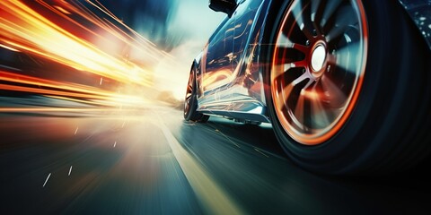 Close-up of wheel of fast sports car on sunny highway: high-performance auto in motion blur