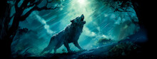 Werewolf Howling At The Moon In The Night Dark Forest, Banner