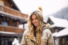 Amidst The Winter Cold, A Happy And Stylish Young Woman With A Beautiful Smile Poses Outdoors, Dressed Elegantly.