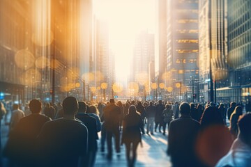 Wall Mural - A city street in winter, where a diverse crowd of people walks in the blurry, colorful urban landscape.