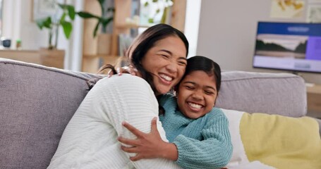 Poster - Excited hug, family and living room sofa with love, bonding and support of a mother and young girl. Happy, care and mom with a child together at home in lounge with a smile of a kid and mama on couch