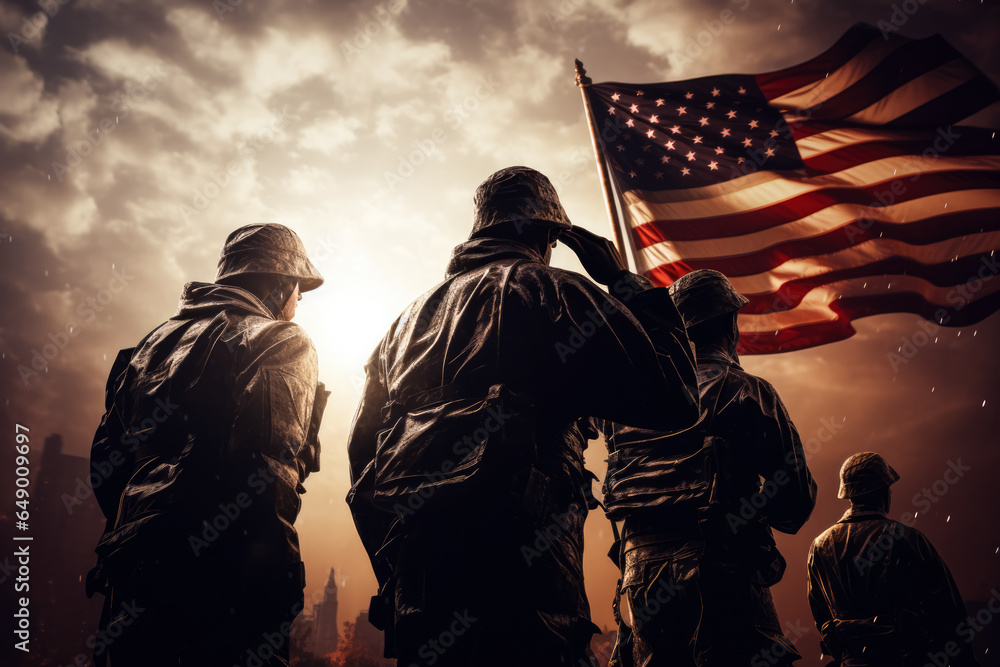 Patriotic veterans saluting in front of iconic US landmarks background ...