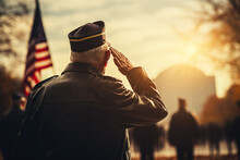 Patriotic Veterans Saluting In Front Of Iconic US Landmarks Background With Empty Space For Text 