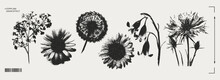Trendy Elements With A Retro Photocopy Effect. Y2k Elements For Design. Flowers, Chamomile, Sunflower, Dandelion. Grain Effect And Stippling. Vector Dots Texture.