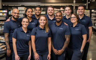 Employees stand posing in a store.