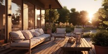 AI Generated. AI Generative. Vintage Retro Modern Scandinavian Style Porch Veranda Sofa With Table Sitting Relax Place With Many Flowers And Plants. Family Relax Chilling Vibe Background Place