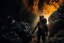 A Man Is Seen Walking Through A Cave With A Backpack. This Image Can Be Used To Depict Exploration, Adventure, Hiking, Or Spelunking.