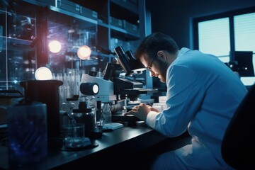 Canvas Print - A man wearing a lab coat is seen carefully examining a sample through a microscope. This image can be used to depict scientific research, laboratory work, or education in fields such as biology, chemi