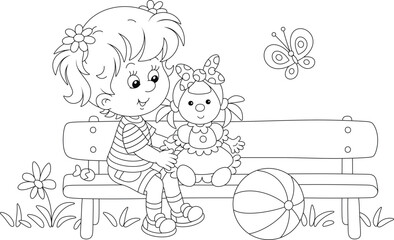 Wall Mural - Happy little girl playing with her funny toy doll on a small bench in a park on a warm summer day, black and white vector cartoon illustration for a coloring book