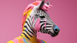 Portrait of a zebra with colorful paint on it  and pink hairstyle. Pink background. 