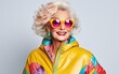 © piai - Portrait of Healthy Mature Woman in Brightly Colored Clothes and Sunglasses. Generative AI
