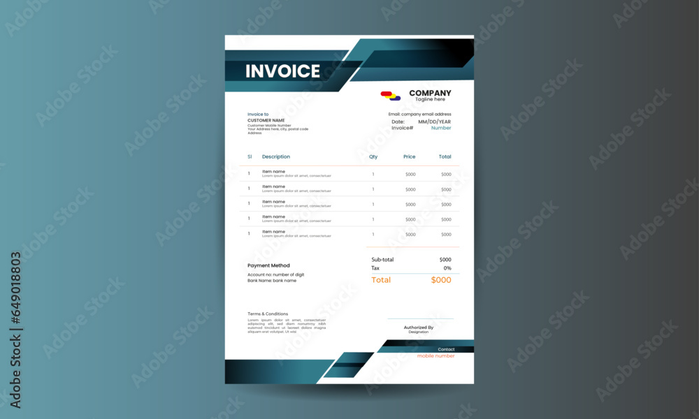 Billing template design, corporate invoice design layout for business with blue colour