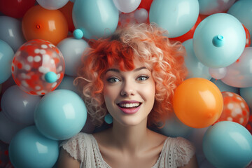 Wall Mural - Celebration, festive and lifestyles concept. Studio portrait of happy and smiling woman with colorful balloons in background. Generative AI