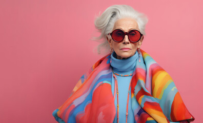 An old grandmother posing in a fashionable cloth wearing a turtleneck and a colorful cover.Summer idea with pastel pink background.