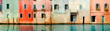 Generative AI Illustration Of Reflection Old Buildings Facades Of Narrow Street In Puddle Of High Water Against Gray Sky Of Venice