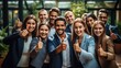 Overjoyed young diverse employees workers show thumb up recommend good quality company service. Generative AI