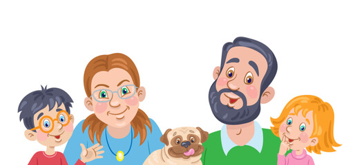 Poster - Portrait of a happy family. Young parents with two small children and a funny dog. In cartoon style. Isolated on white background. Vector flat illustration