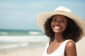 Poster - Woman wearing hat enjoying beach. Perfect for travel and vacation themes.