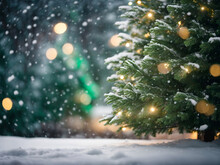 Trees Decorated With Glittering Christmas Lights Snow Falling On Cold Winter Night
