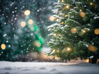 trees decorated with glittering christmas lights snow falling on cold winter night