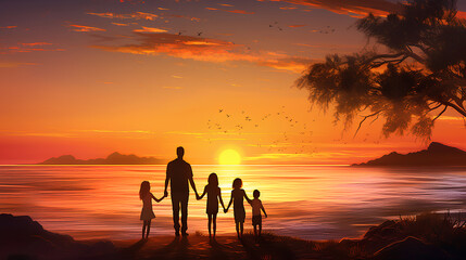 Wall Mural - Happy family: mother, father, children son and daughter on sunset