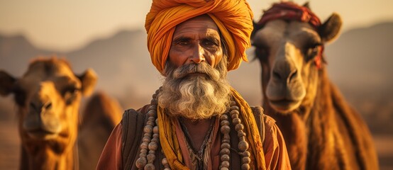 Wall Mural - Indian men on camels in deserts of india