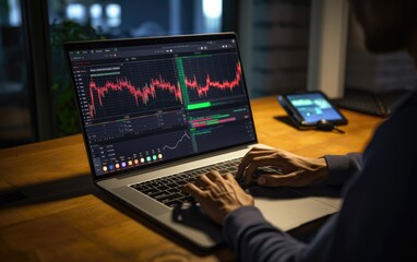 Investor stock trader broker using laptop checking trade market data. Generative AI