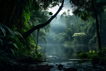Wall Mural - Mist Rises Over A Remote Rainforest Lake