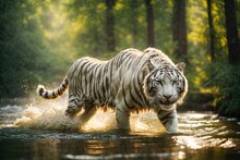 White Siberian Tiger Runs On Water In Forest. Ai Generative