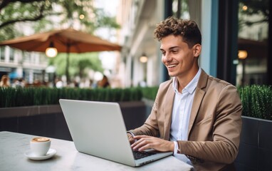 Happy smiling young student boy using laptop computer sitting outdoor. Generative AI