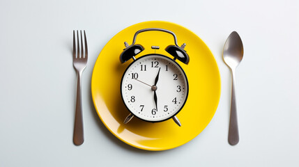 Top view alarm clock on lunch plate with knife and fork on table background. Intermittent fasting, Ketogenic dieting, weight loss, meal plan and healthy food concept