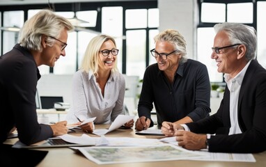 Poster - Happy mature older company executive project manager planning strategy discussing financial or marketing report with business team people standing in office working at group meeting. Generative AI