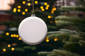 christmas white glossy round bauble ornament on christmas tree with decoration and blurred bokeh lig