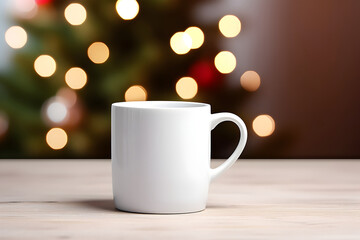 Blank white mug mockup on wooden table with christmas tree lights bokeh background. Holiday template composition. Copy space.